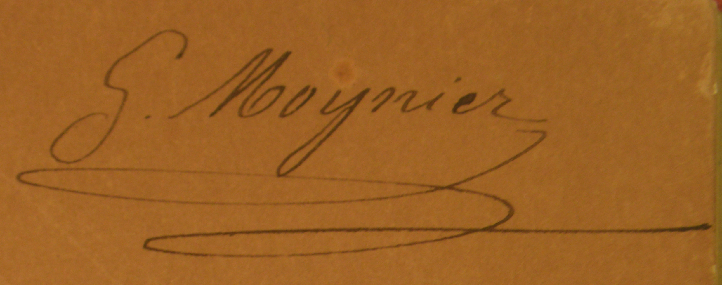 signature autographe de Gustave Moynier dans un ouvrage conservé à la Bibliothèque du CICR. « Signature by Gustave Moynier, co-founder of the International Comm
