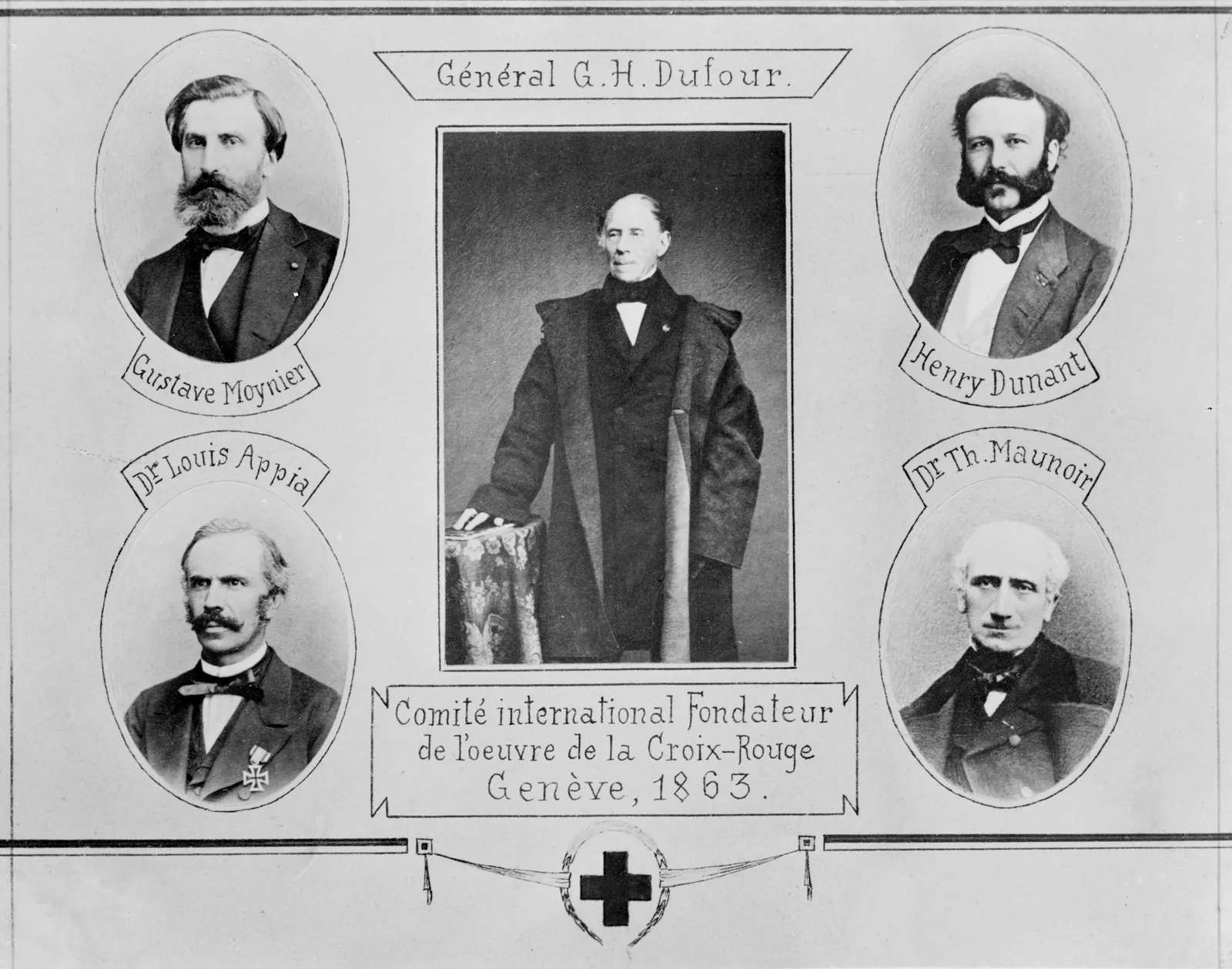 Le Comité des cinq. « Committee of the Five: Louis Appia, Guillaume-Henri Dufour, Henry Dunant, Théodore Maunoir, Gustave Moynier ». Pièce centrale pour le…