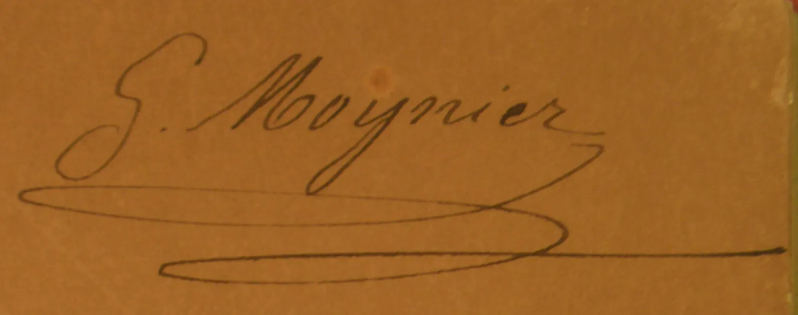 Signature autographe de Gustave Moynier dans un ouvrage conservé à la Bibliothèque du CICR. « Signature by Gustave Moynier, co-founder of the International…