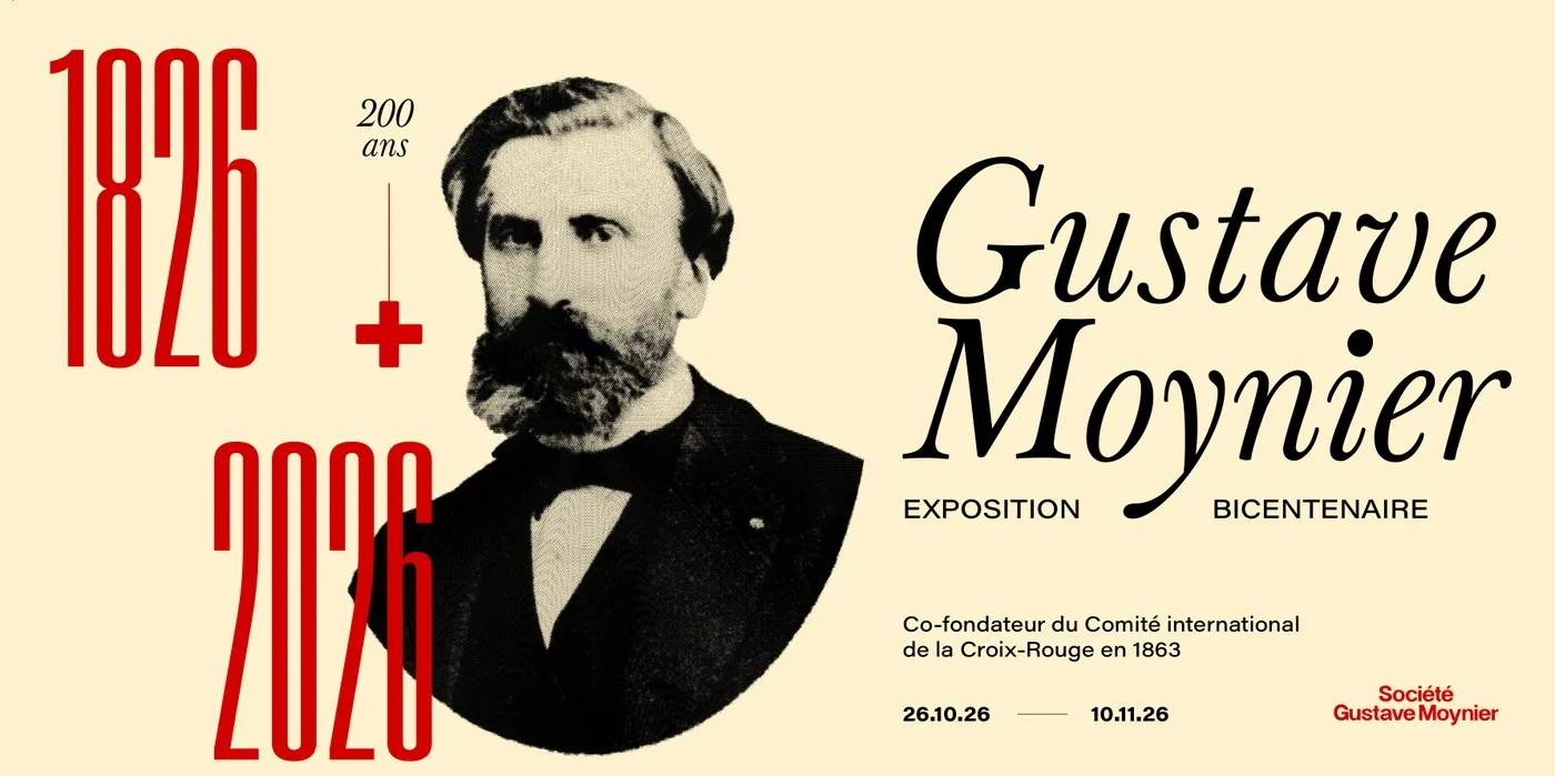 Carton d'invitation de l'exposition : portrait tramé de Gustave Moynier, 1826-2026, 200 ans