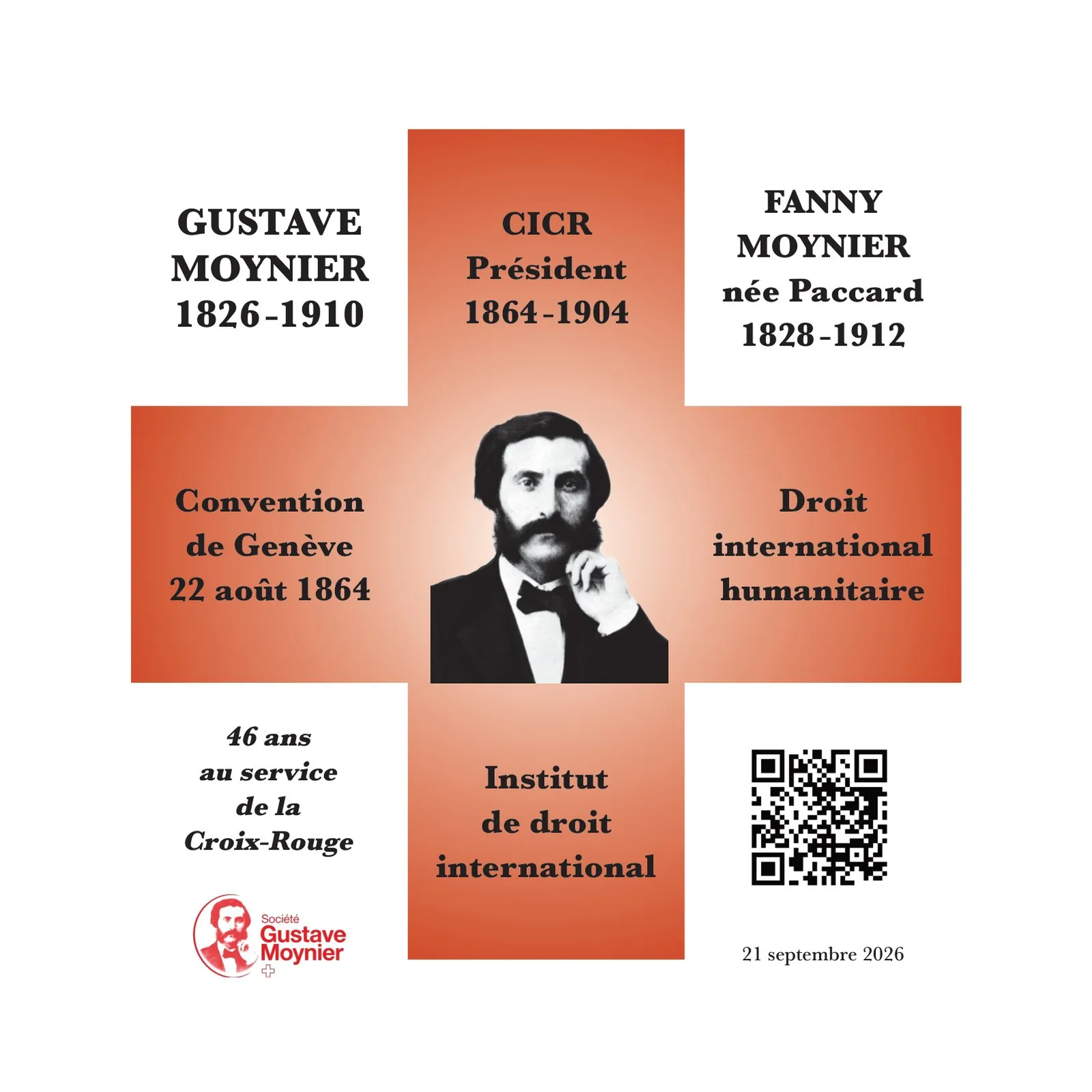 Plaque de la stèle : portrait de Gustave Moynier au centre d'une croix rouge, avec les mentions Gustave Moynier 1826-1910, CICR Président 1864-1904, Fanny Moynier née Paccard 1828-1912, Convention de Genève 22 août 1864, Droit international humanitaire, Institut de droit international, 46 ans au service de la Croix-Rouge